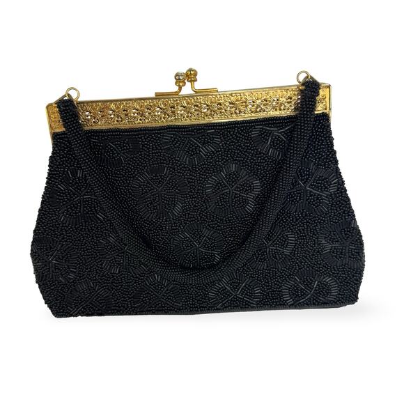 Vintage 1950s Black Beaded Hong Kong Evening Purse Gold Filigree AB Clasp - Picture 9 of 16